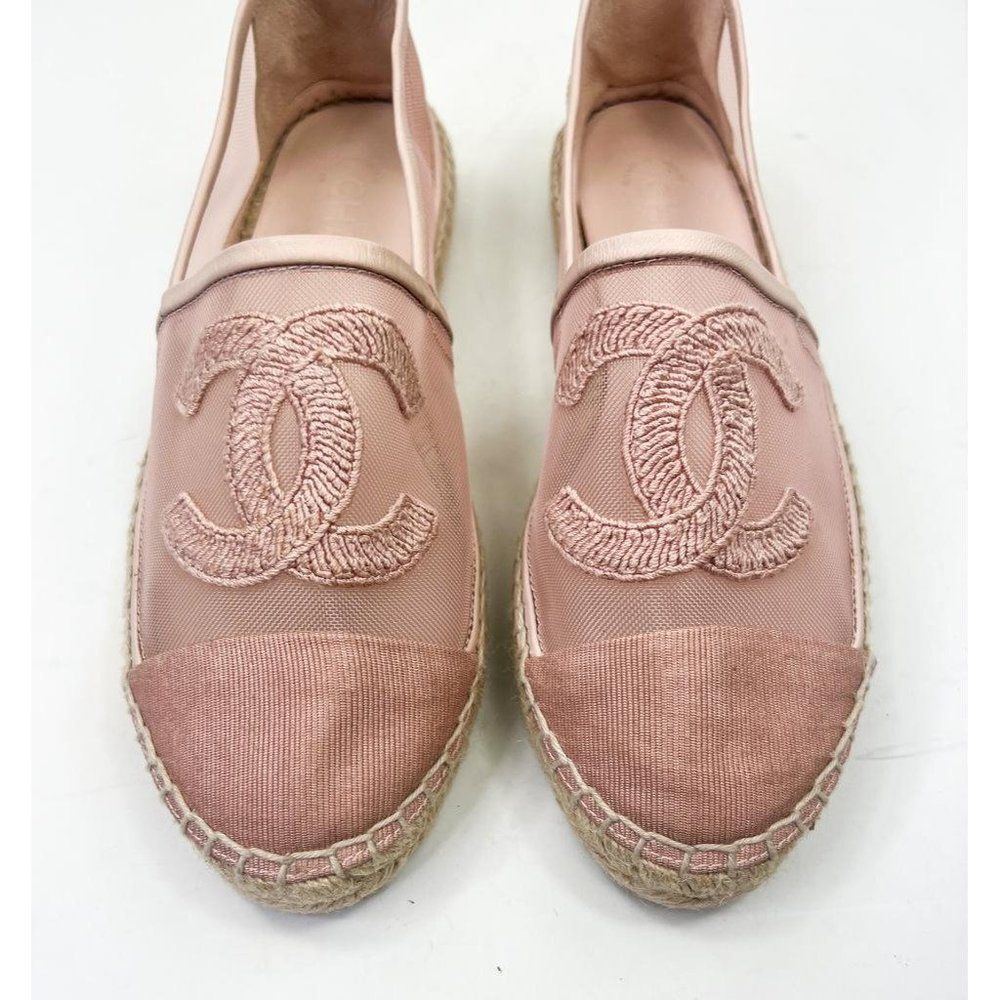 CHANEL Grosgrain Light Pink Mesh CC Logo Pink Cap Toe Flat Espadrilles Size EU37 - Picture 4 of 13